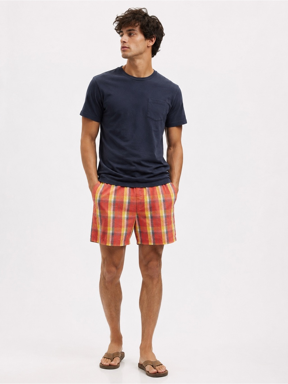 L.L.Bean Pull On Red & Yellow Plaid Cotton Shorts Summer Casual Size Large